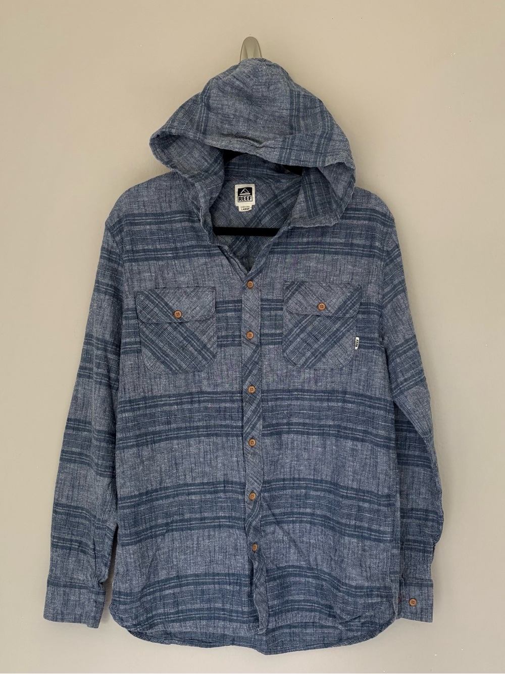 Reef Mens Hooded Button Down Shirt Blue Plaid Cotton Linen Coastal Surf L